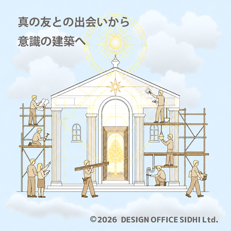 真の友との出会いから意識の建築へ、というメッセージと共に、雲の上で神殿を建築する人々を描いたイラスト。中央の扉の奥には黄金の生命の木が輝き、全体を神聖な光が包み込んでいる